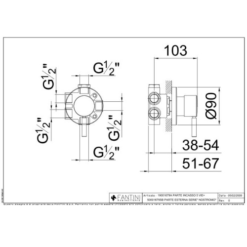FANTINI NOSTROMO DESVIADOR EMPOTRADO 3 SALIDAS 1/2" (VARIOS ACABADOS)