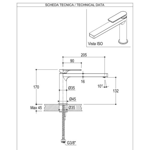 RITMONIO POIS GRIFO LAVABO CAÑO 205 mm (VARIOS ACABADOS)