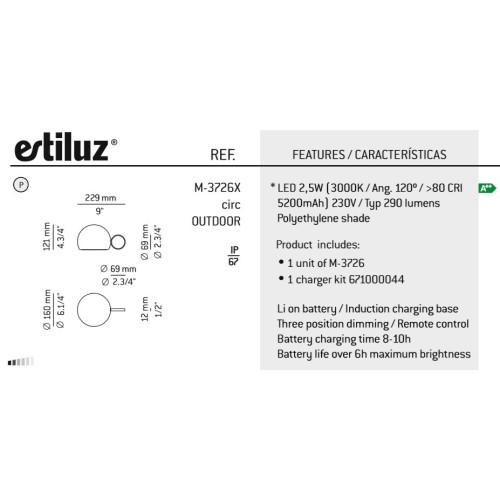 ESTILUZ CIRC M-3726X LÁMPARA DE SOBREMESA INTERIOR/EXTERIOR (VARIOS COLORES)